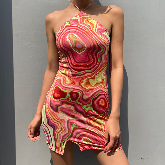 Self-built station women's 2023 European and American style fashion women's new style swirl printing halterneck halter dress skirt