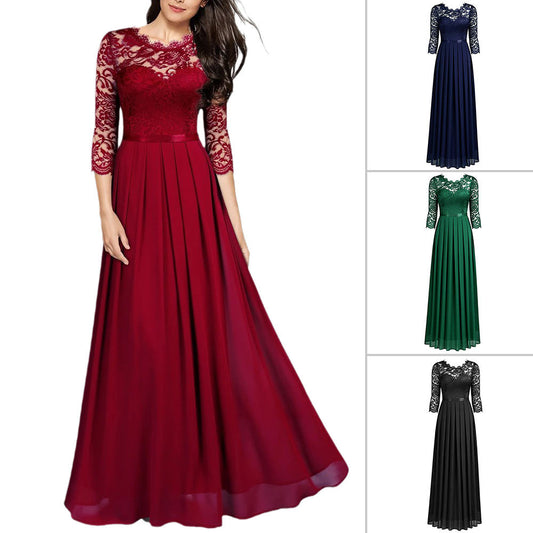 Spot Amazon Evening Dress Europe Station Stitching Chiffon Dress Round Neck Lace Long Skirt Evening Dress Women