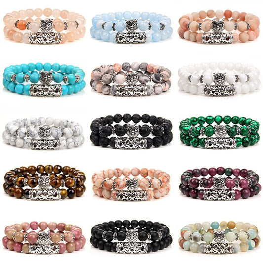 Double Layer Natural Stone Beads Bracelet Silver Color Owl Charm Bracelet Amazonite Aventurine Bracelets For Women Men Jewelry