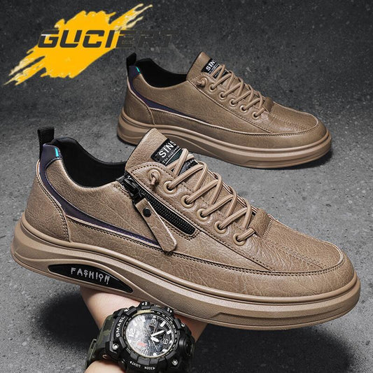 Zapatos informales a la moda para hombre, zapatos vulcanizados con superficie de cuero, zapatos planos bajos de tendencia, zapatillas deportivas para hombre, zapatos con cremallera para banquetes