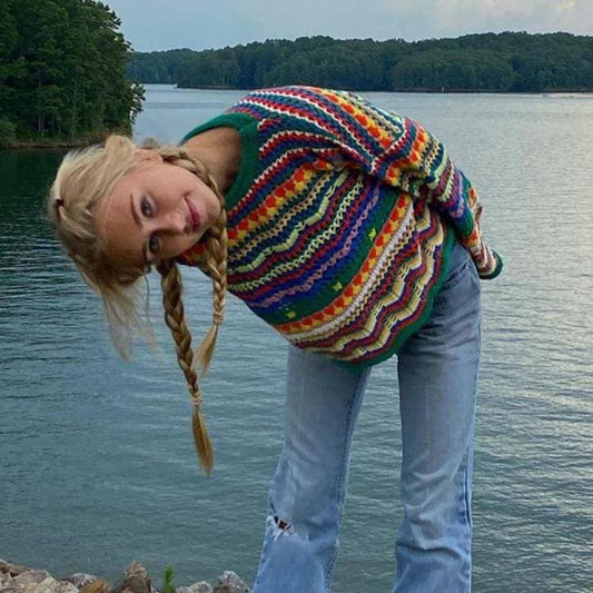 80er Jahre Vintage Herbst bunter Strickpullover mit O-Ausschnitt